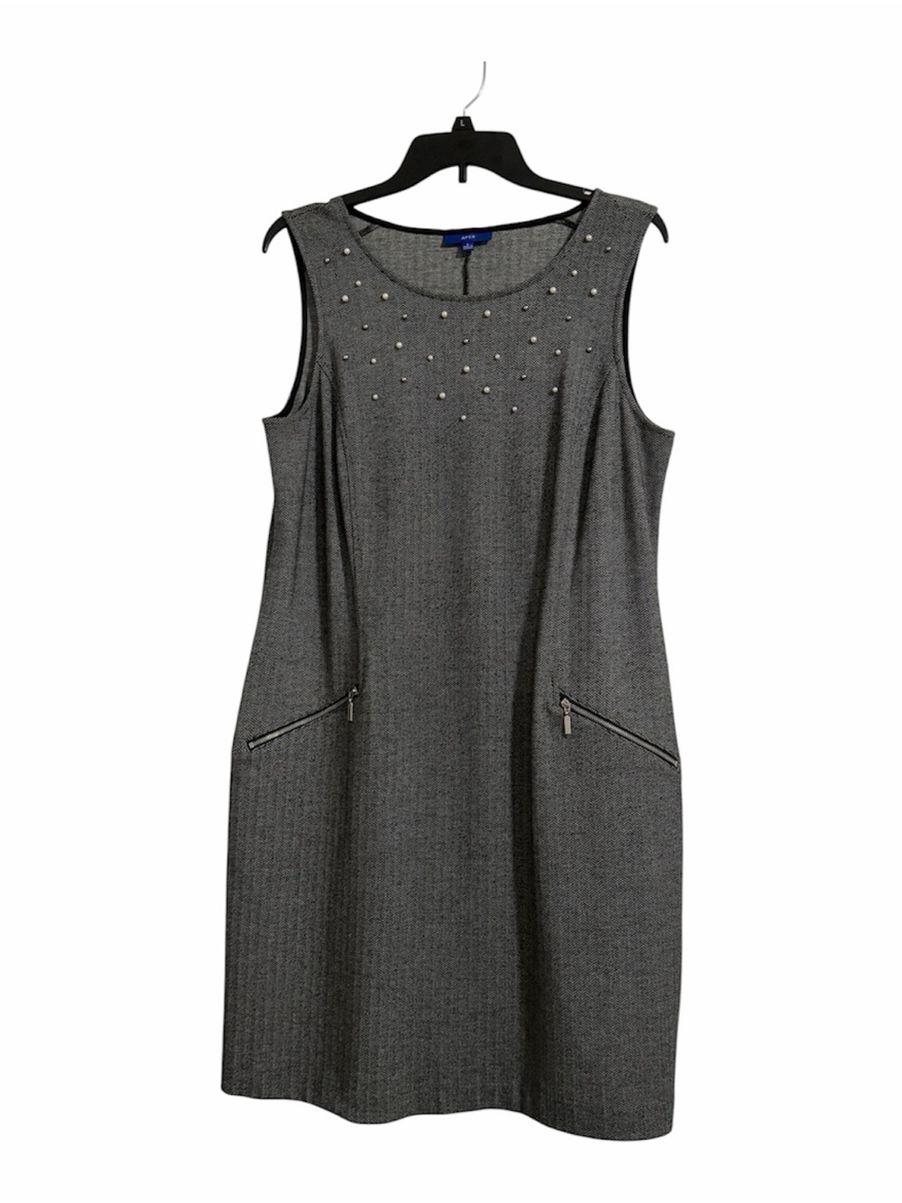 Apt. 9 Charcoal Herringbone Sleeveless Shift Dress with Pearl & Silver Studs - L